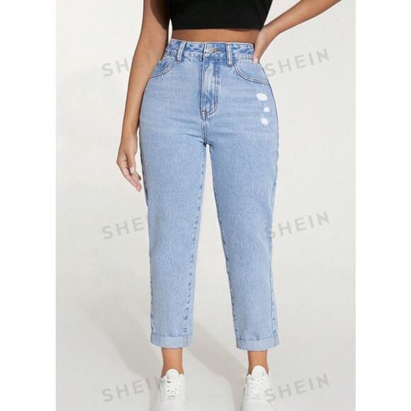 PETITE High Waist Ripped Roll Up Hem Straight Leg Jeans - Picture 1 of 6